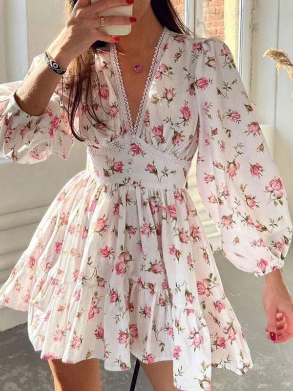 Lace-Detail-V-Neck-Balloon-Sleeve-Dress